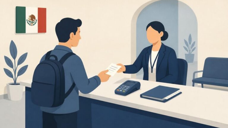Persona entrega un comprobante y documentos en un mostrador de atención migratoria en México.