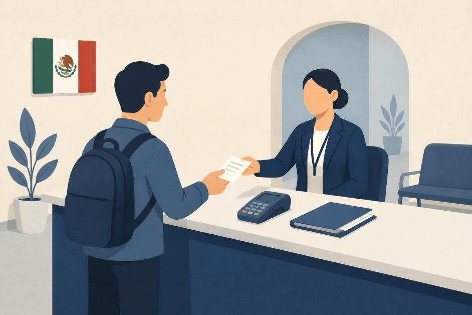 Persona entrega un comprobante y documentos en un mostrador de atención migratoria en México.