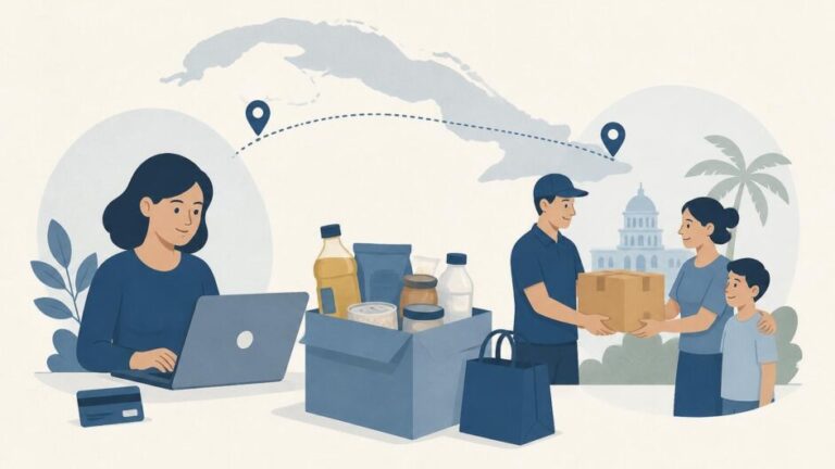 Persona compra en línea y un repartidor entrega una caja de productos a una familia en Cuba.
