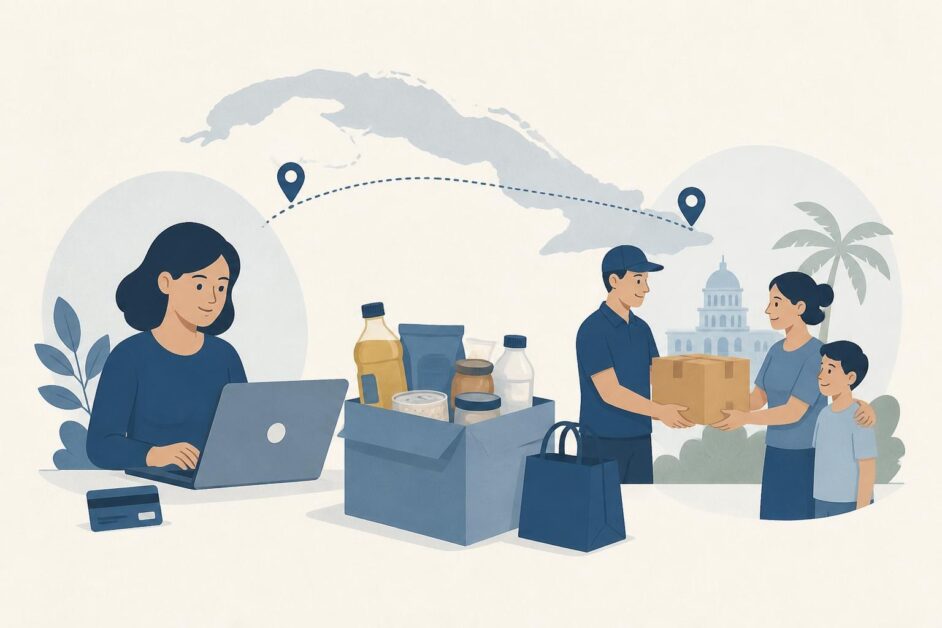 Persona compra en línea y un repartidor entrega una caja de productos a una familia en Cuba.