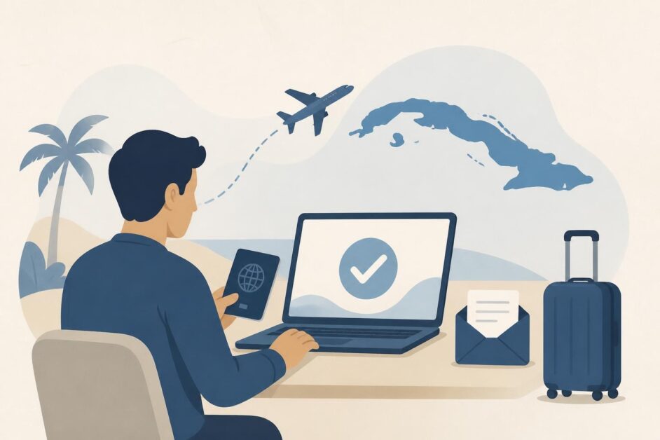 Viajera con pasaporte y maleta solicita en línea una visa para viajar a Cuba.