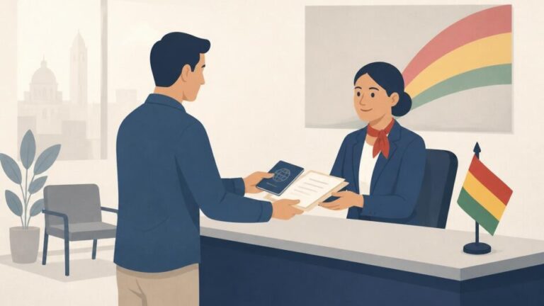 Persona entrega pasaporte y documentos a una funcionaria en una oficina consular boliviana.