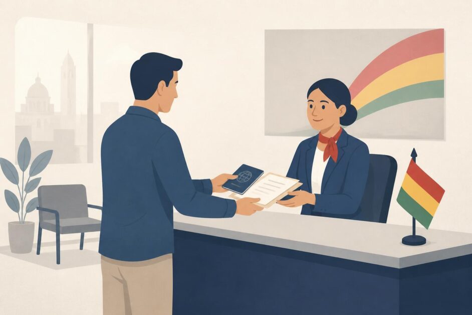 Persona entrega pasaporte y documentos a una funcionaria en una oficina consular boliviana.