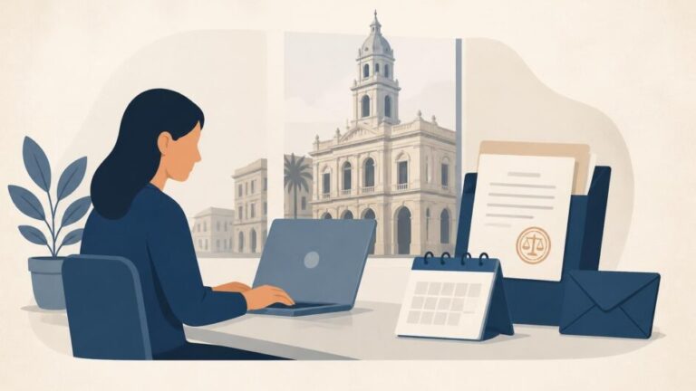 Persona reservando una cita jurídica en línea junto a documentos y un edificio histórico de La Habana.