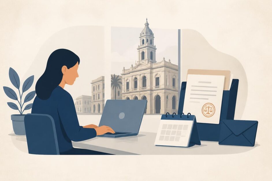 Persona reservando una cita jurídica en línea junto a documentos y un edificio histórico de La Habana.