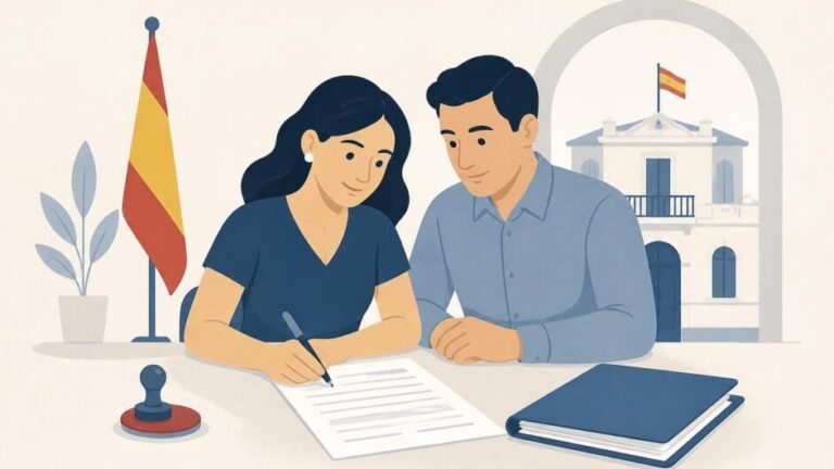Pareja completando un formulario de registro matrimonial en una mesa frente a un consulado estilizado.