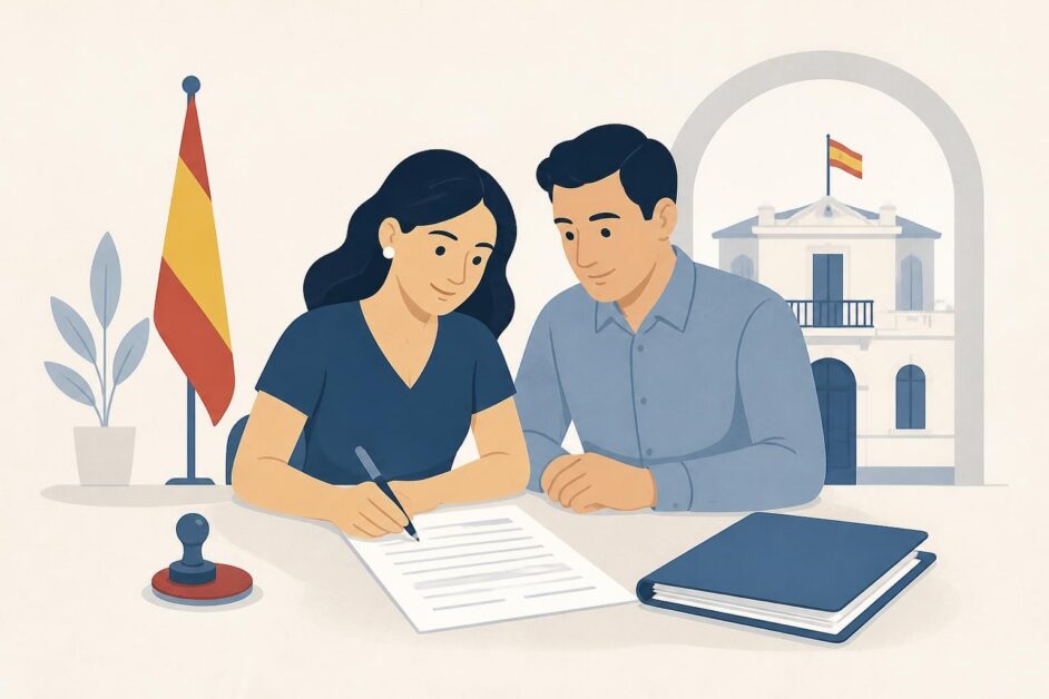 Pareja completando un formulario de registro matrimonial en una mesa frente a un consulado estilizado.