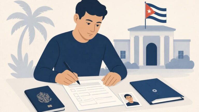 Persona completa una planilla consular con foto, bolígrafo y pasaporte sobre una mesa.