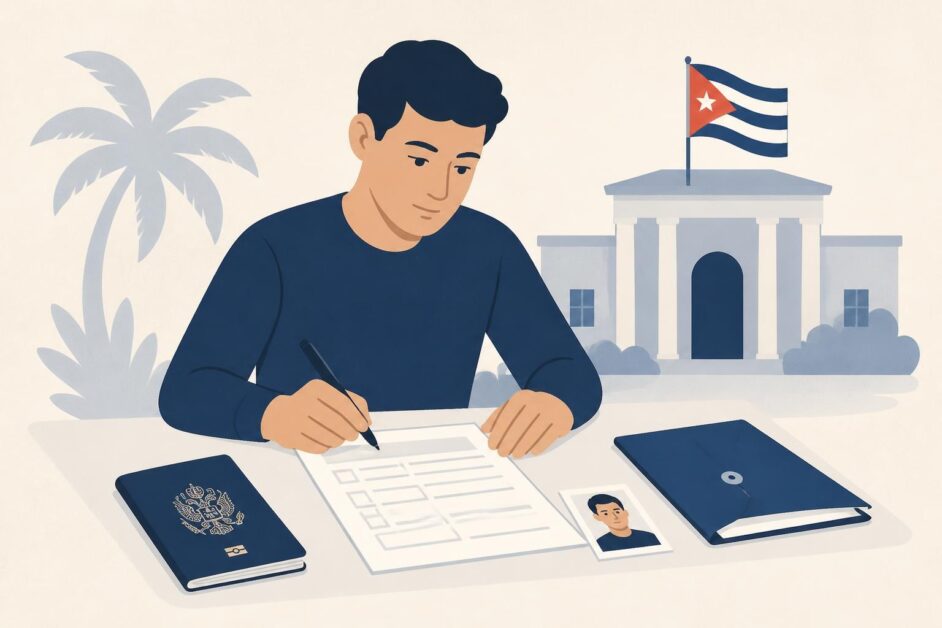 Persona completa una planilla consular con foto, bolígrafo y pasaporte sobre una mesa.