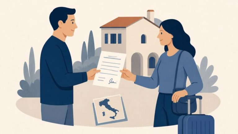 Anfitrión entrega un documento de alojamiento a una visitante con maleta frente a una casa en Italia.