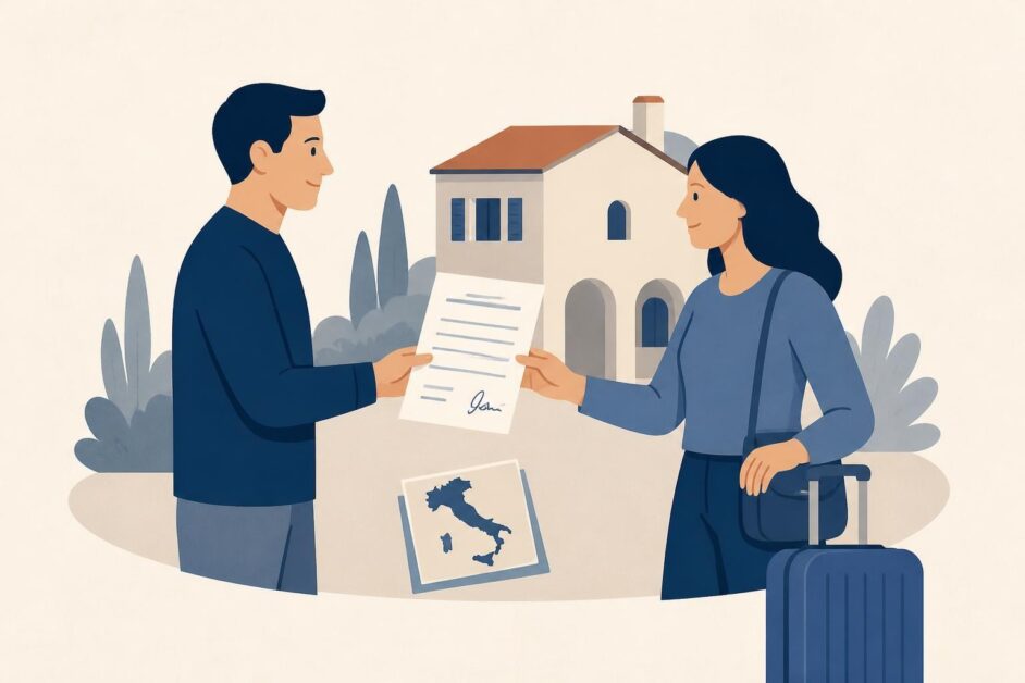 Anfitrión entrega un documento de alojamiento a una visitante con maleta frente a una casa en Italia.