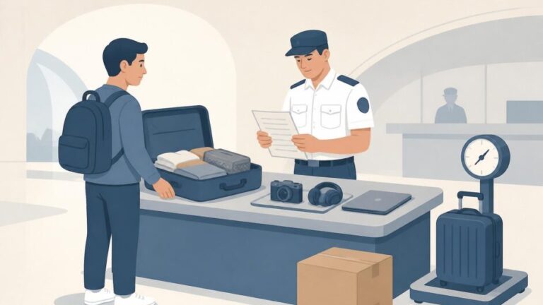 Persona presenta una maleta, una caja y un equipo electrónico ante un agente aduanero.