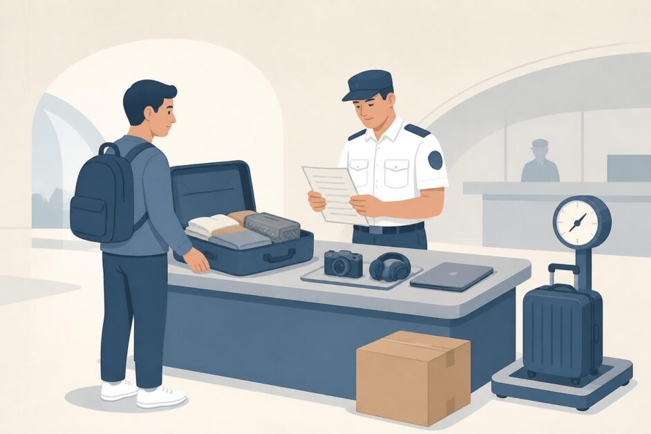 Persona presenta una maleta, una caja y un equipo electrónico ante un agente aduanero.