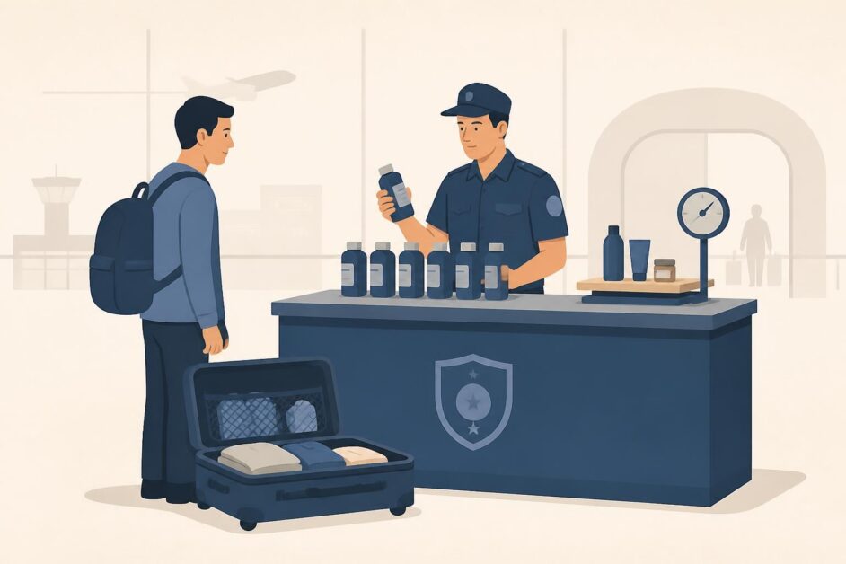 Viajero y agente de aduana revisan una maleta con varios artículos iguales en un mostrador.