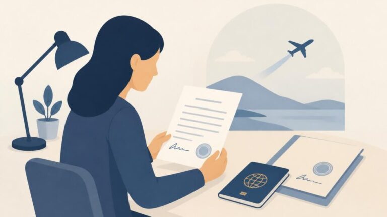 Persona revisando una carta firmada junto a un pasaporte en un escritorio.