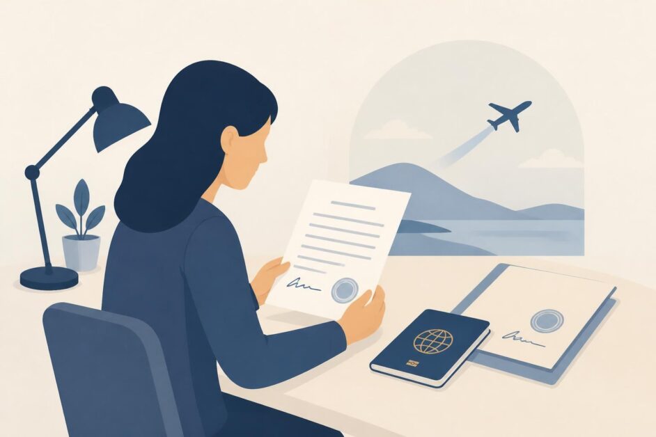 Persona revisando una carta firmada junto a un pasaporte en un escritorio.