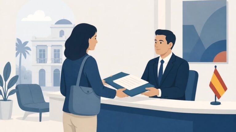 Persona entrega una carpeta de documentos a un funcionario en un registro consular español.