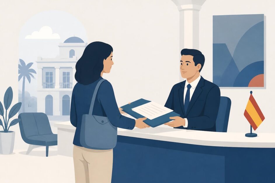 Persona entrega una carpeta de documentos a un funcionario en un registro consular español.