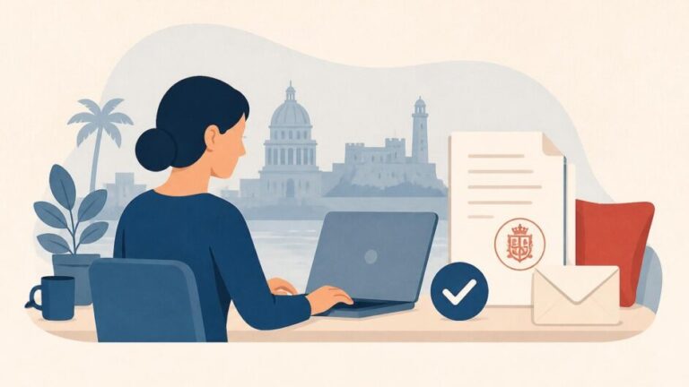 Persona consulta en una computadora el estado de un expediente consular junto a un documento sellado.