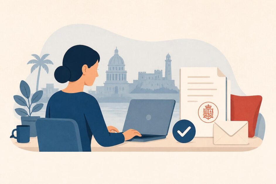 Persona consulta en una computadora el estado de un expediente consular junto a un documento sellado.
