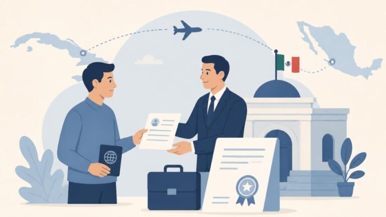 Persona con pasaporte recibe una oferta laboral para tramitar una visa mexicana ante un consulado.