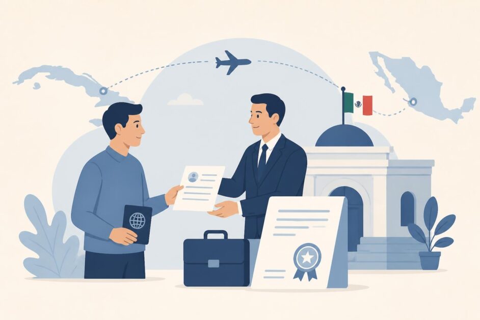 Persona con pasaporte recibe una oferta laboral para tramitar una visa mexicana ante un consulado.