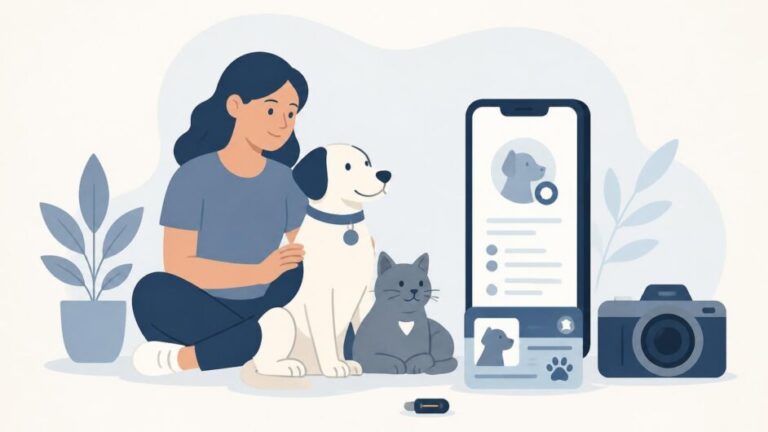 Tutor con un perro y un gato junto a un teléfono y un carné digital.