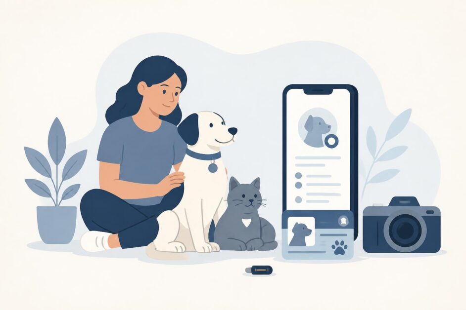 Tutor con un perro y un gato junto a un teléfono y un carné digital.