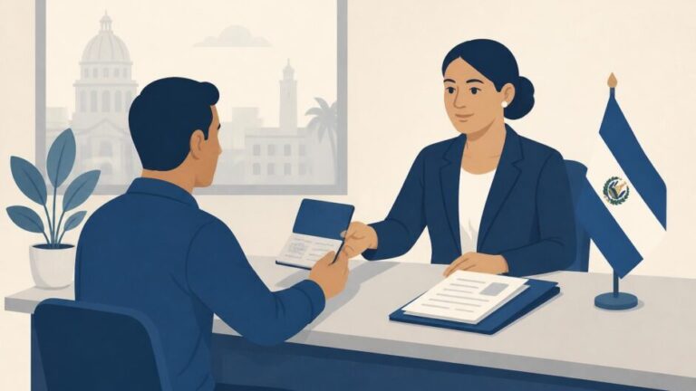 Persona entrega pasaporte y documentos a un funcionario en un consulado de El Salvador.