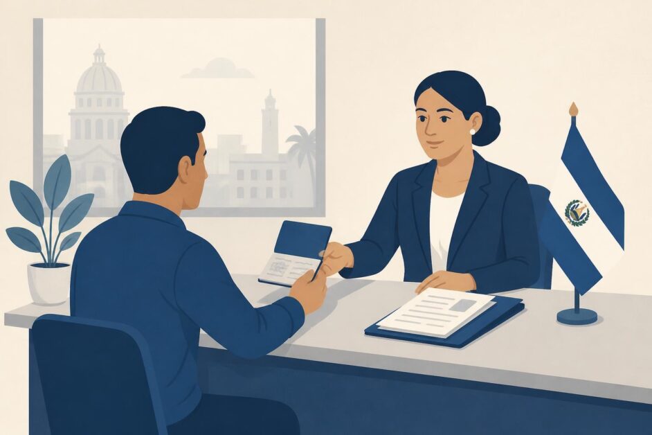 Persona entrega pasaporte y documentos a un funcionario en un consulado de El Salvador.