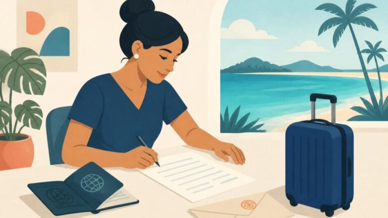Viajera prepara pasaporte y documentos para solicitar un visado hacia una isla del Caribe.