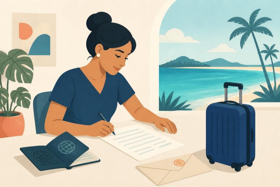 Viajera prepara pasaporte y documentos para solicitar un visado hacia una isla del Caribe.