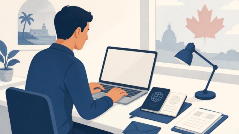 Persona preparando pasaporte y documentos ante una computadora para solicitar una visa canadiense.