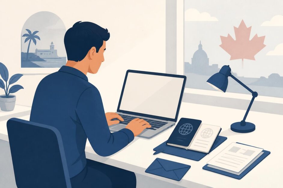 Persona preparando pasaporte y documentos ante una computadora para solicitar una visa canadiense.