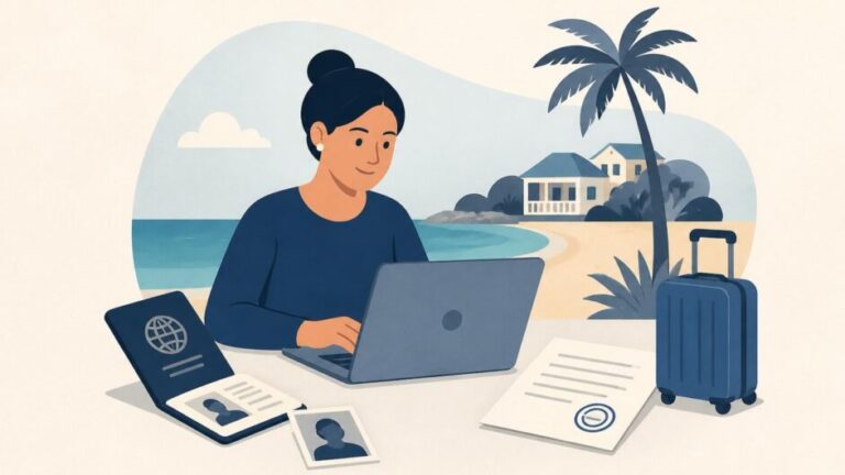 Persona prepara pasaporte, foto y laptop para solicitar una visa turística a Bahamas.