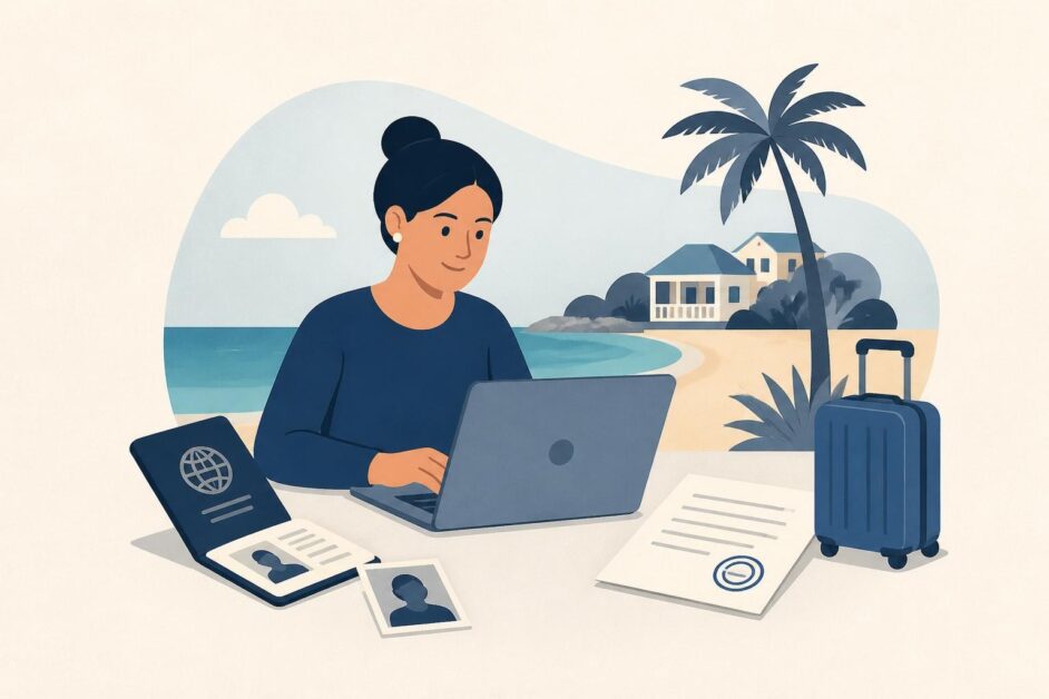 Persona prepara pasaporte, foto y laptop para solicitar una visa turística a Bahamas.