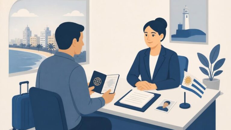 Solicitante entrega pasaporte y documentos a una funcionaria en una oficina consular.