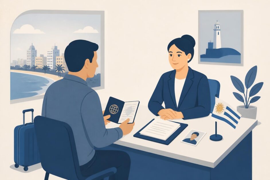 Solicitante entrega pasaporte y documentos a una funcionaria en una oficina consular.