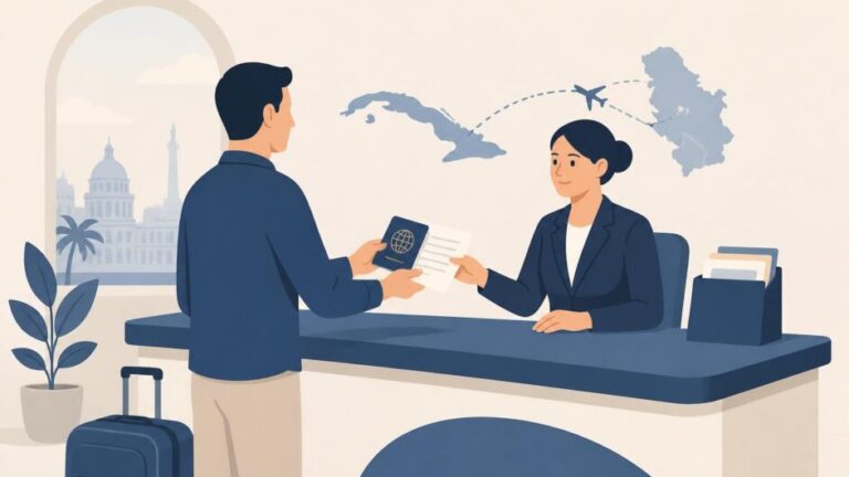 Persona presenta pasaporte y documentos en un mostrador consular para viajar de Cuba a Serbia.