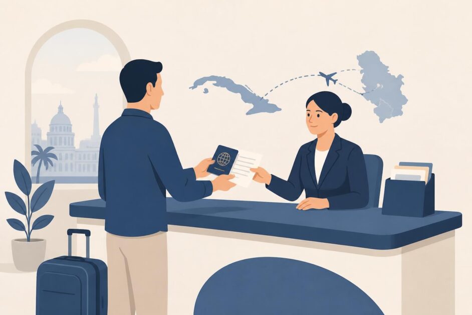 Persona presenta pasaporte y documentos en un mostrador consular para viajar de Cuba a Serbia.