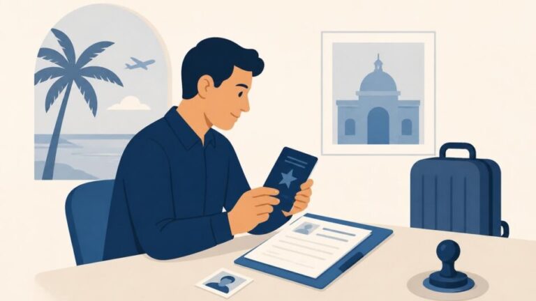 Persona prepara pasaporte, formulario y equipaje para solicitar una visa turística.