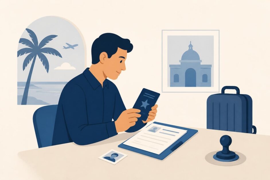 Persona prepara pasaporte, formulario y equipaje para solicitar una visa turística.