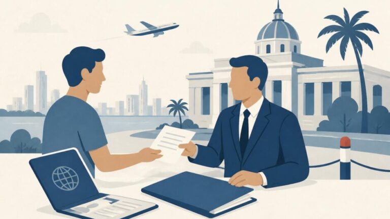 Persona entrega documentos y pasaporte a un abogado ante una sede migratoria panameña.
