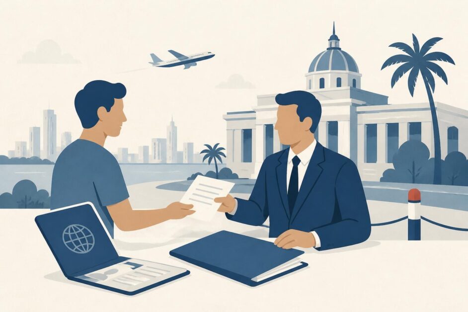 Persona entrega documentos y pasaporte a un abogado ante una sede migratoria panameña.