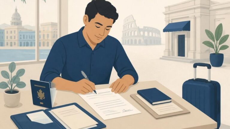 Persona organiza pasaporte, formulario y documentos de viaje junto a una maleta, con una referencia visual a Italia.