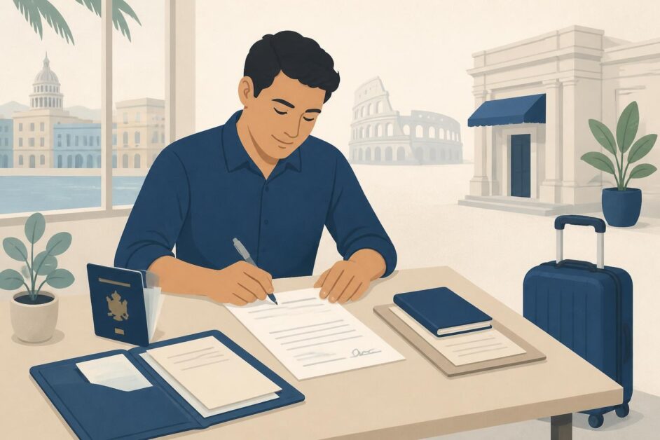 Persona organiza pasaporte, formulario y documentos de viaje junto a una maleta, con una referencia visual a Italia.