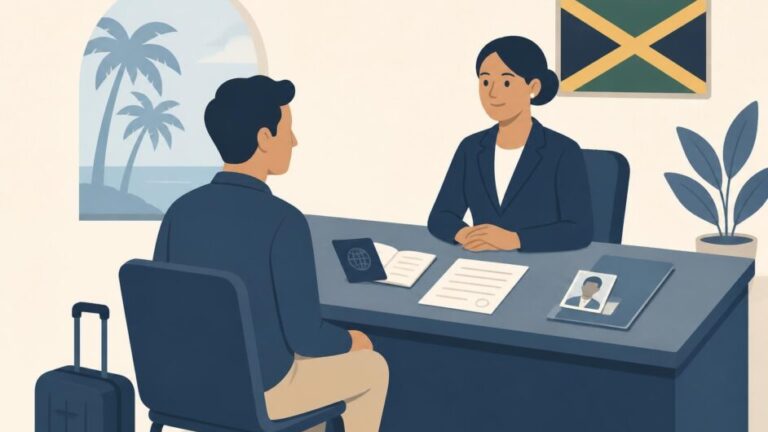 Persona entrega pasaporte y documentos en un mostrador consular junto a una maleta.