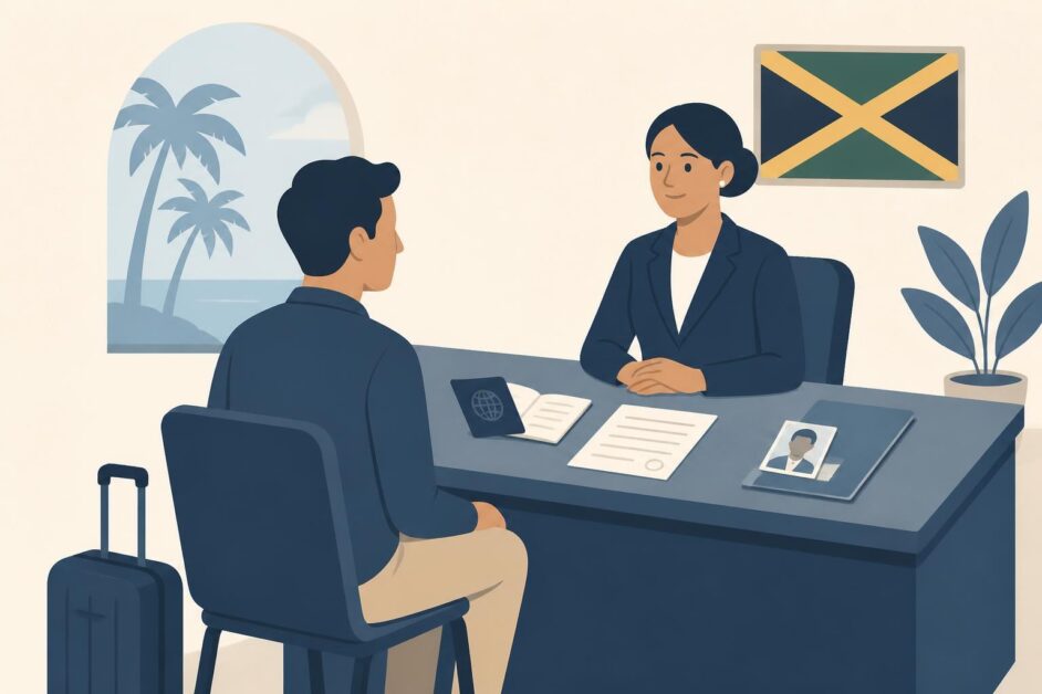 Persona entrega pasaporte y documentos en un mostrador consular junto a una maleta.