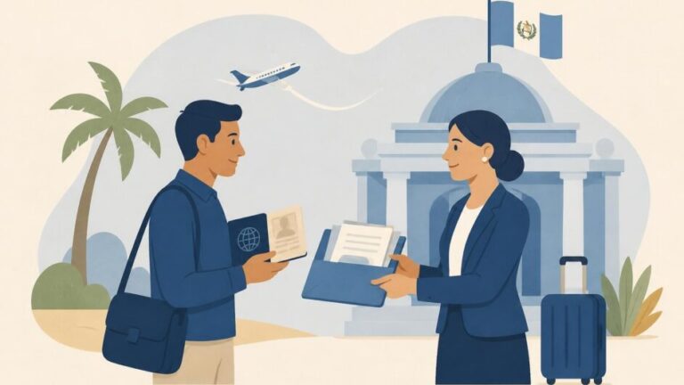Persona con pasaporte y carpeta se reúne con un garante frente a un consulado guatemalteco.