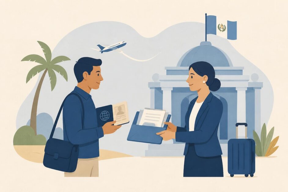 Persona con pasaporte y carpeta se reúne con un garante frente a un consulado guatemalteco.